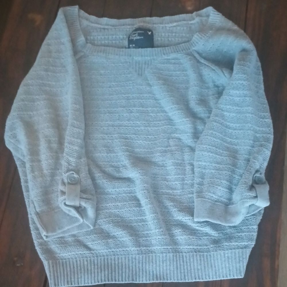 American Eagle Outfitters Grey/Blue Women's Sweater Sz M 3/4 Sleeve 100% Cotton